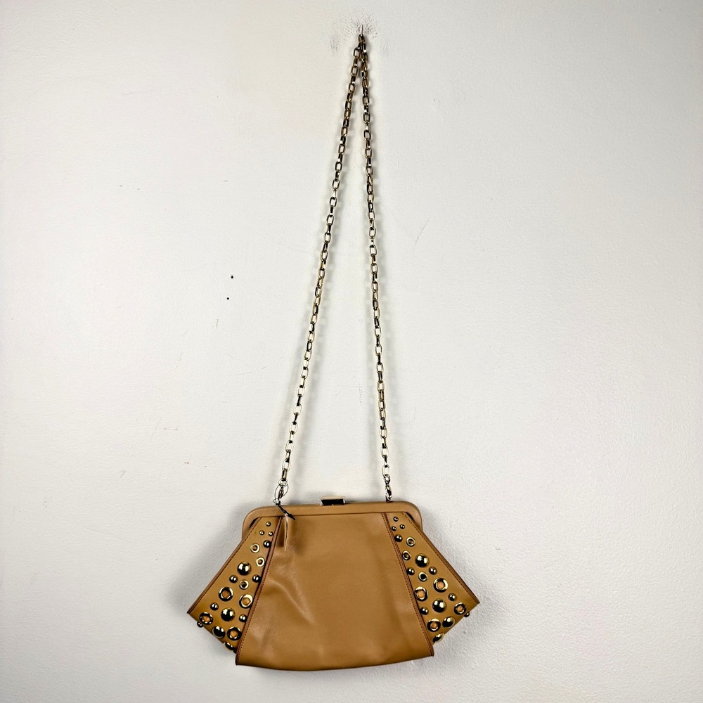 White House Black Market Purse Women's Tan Gold Studded Crossbody Chain Strap